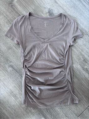 Marc Cain Taupe Ruched V‑Neck Short Sleeve Top